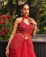 Scarlet Red Floral Jewel Halter Draped Skirt Set