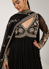 Midnight Black Antique Gold Floral Anarkali Set