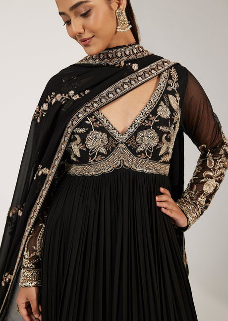 Midnight Black Antique Gold Floral Anarkali Set