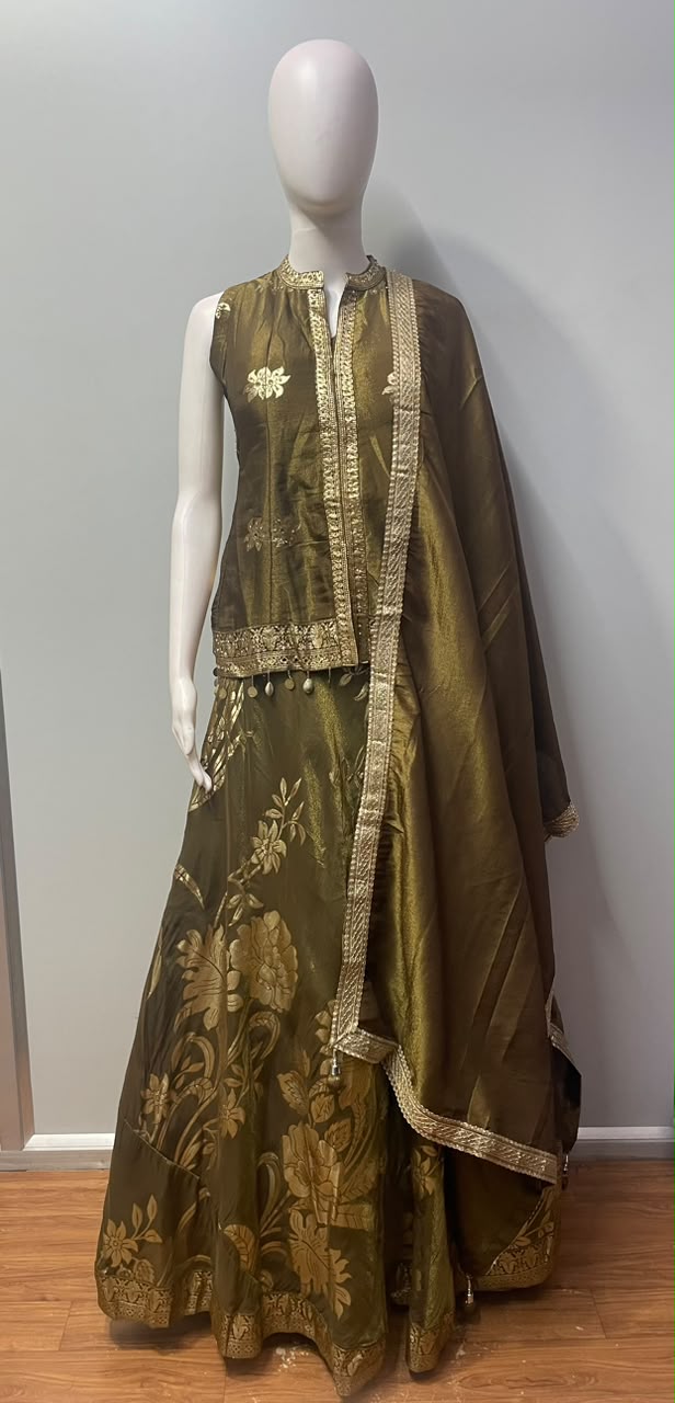 Antique olive lehenga with gold botanical embroidery and a matching dupatta