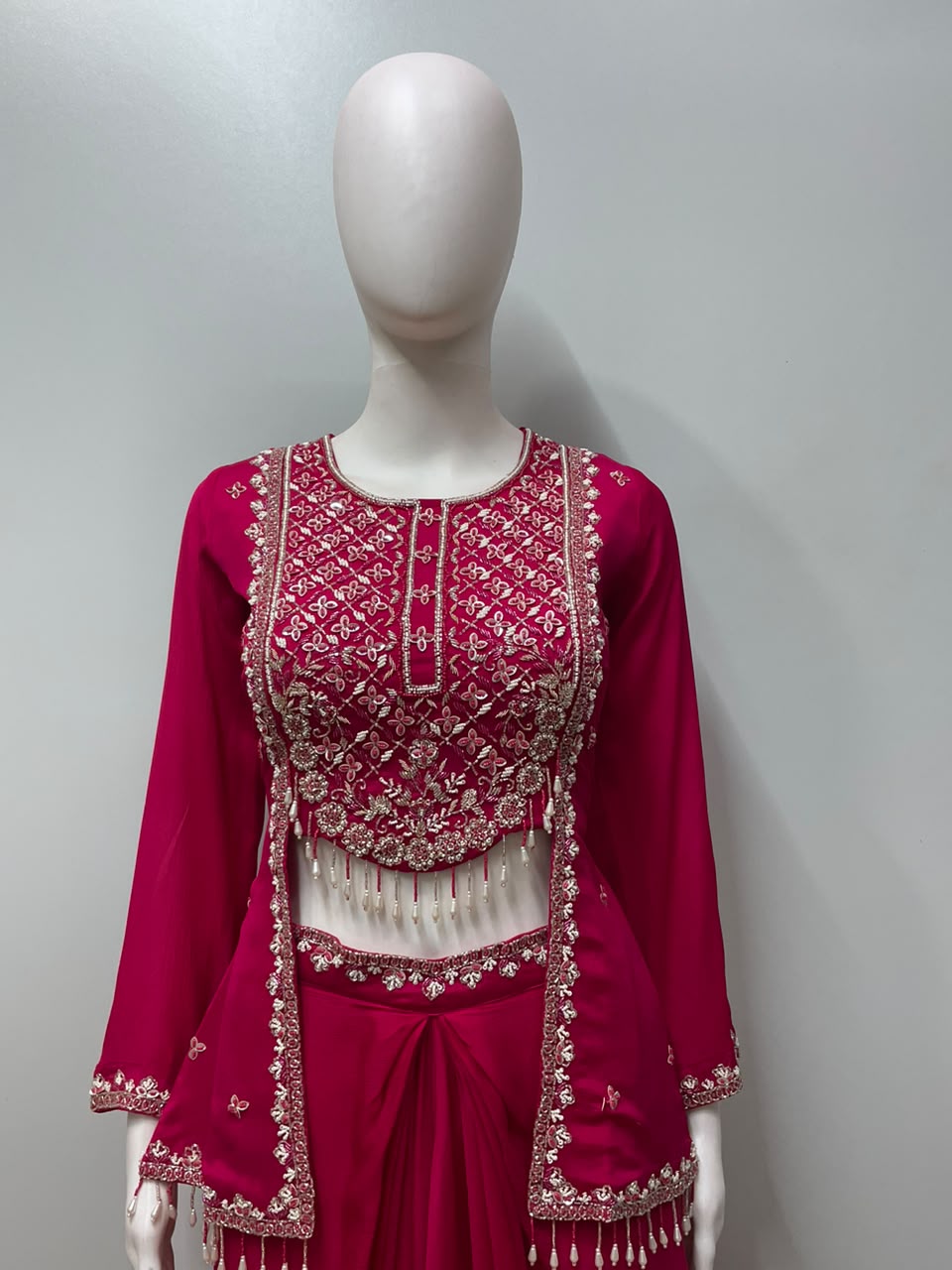 Rani Pink Silver Embroidered Dhoti Set
