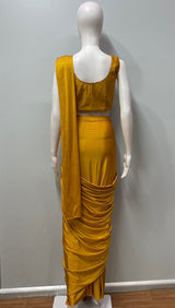 Mustard Silver Peacock Embroidered Draped Saree Set