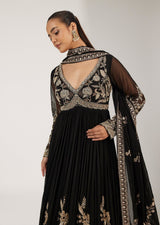 Midnight Black Antique Gold Floral Anarkali Set