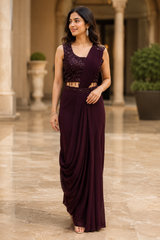 Wine Sequin Draped Saree Set