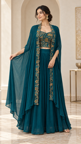Deep Teal Gold Paisley Cape Palazzo Set