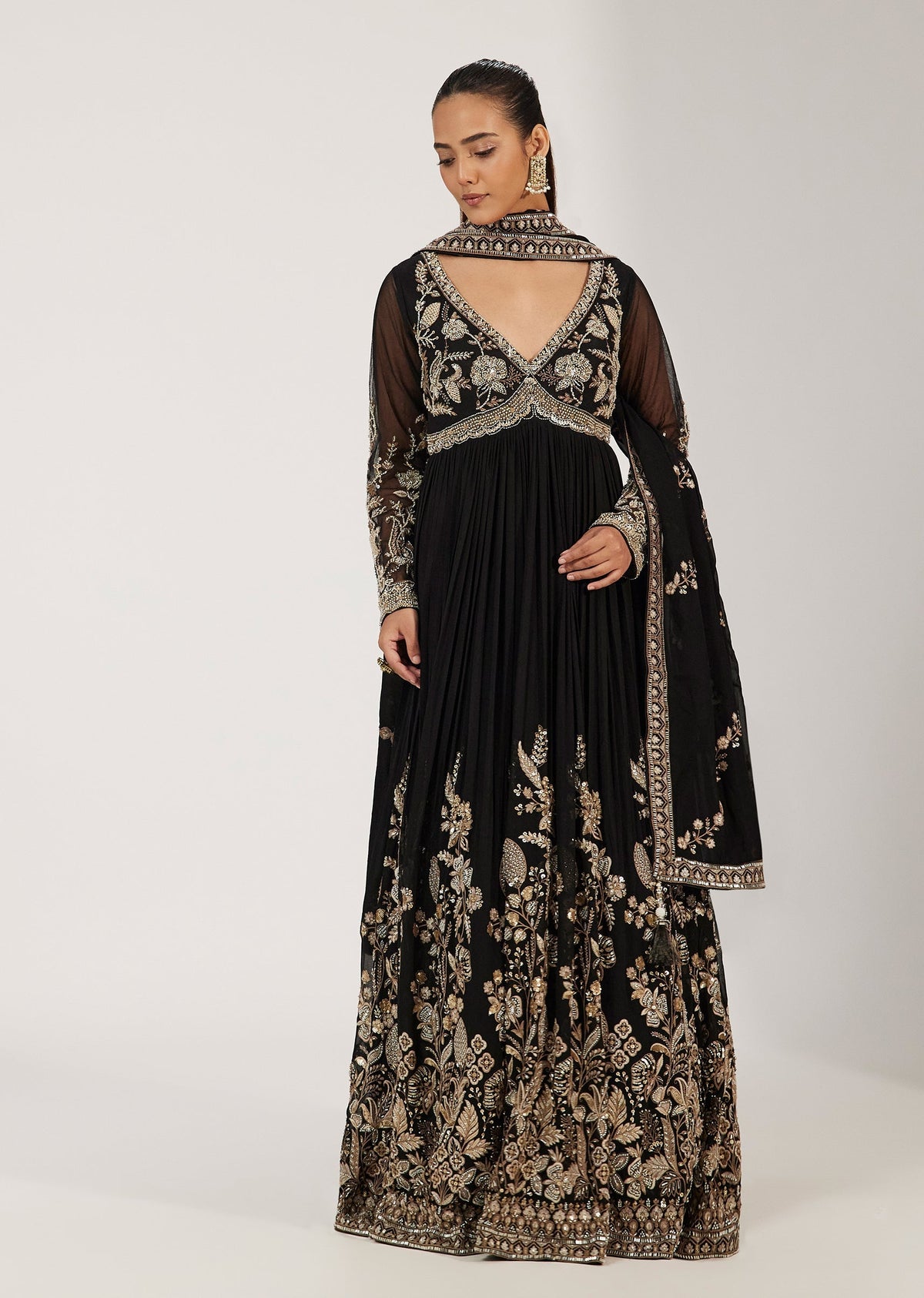 Midnight Black Antique Gold Floral Anarkali Set