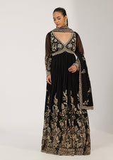 Midnight Black Antique Gold Floral Anarkali Set