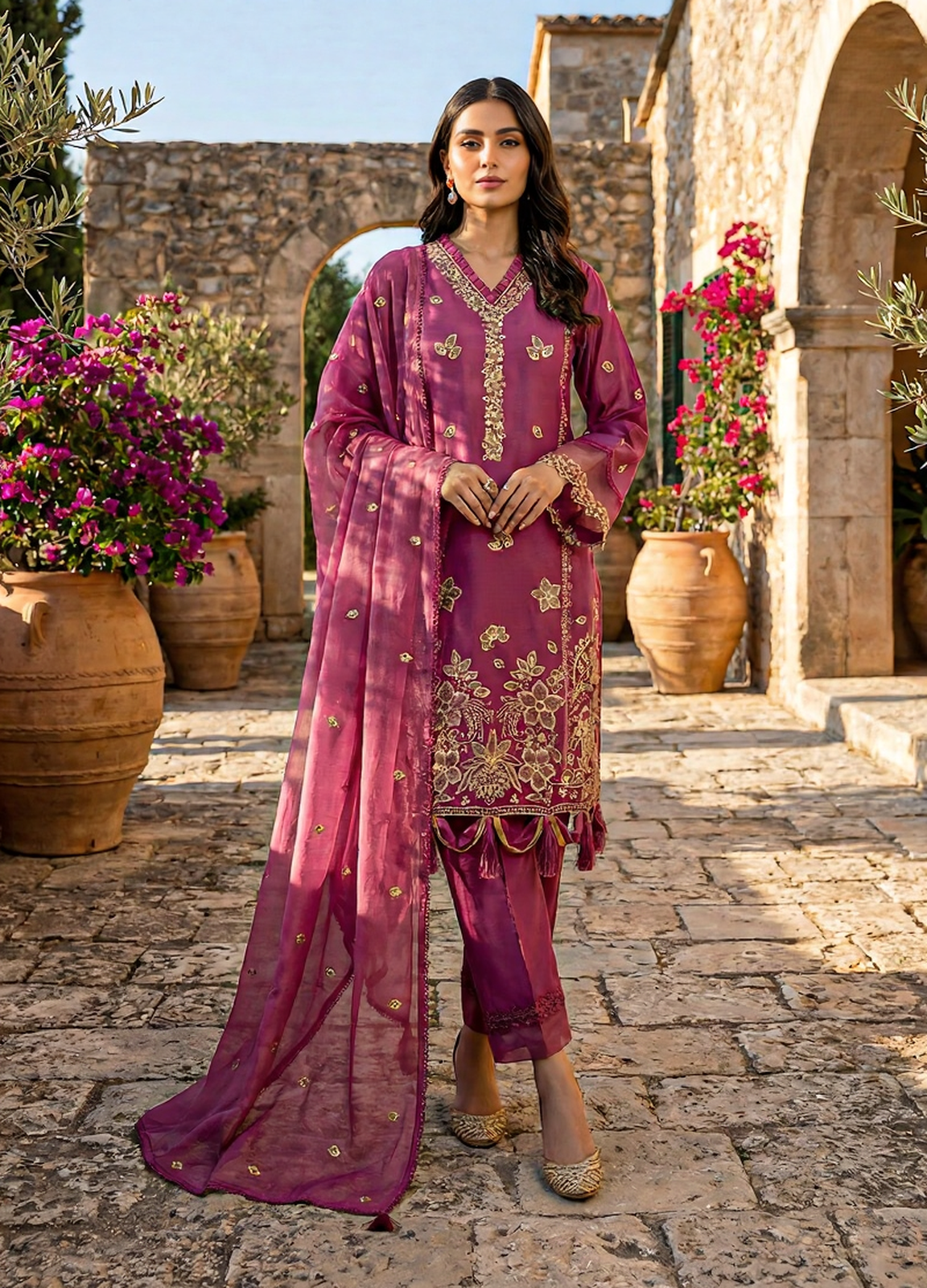 Plum Gold Embroidered Festive Suit
