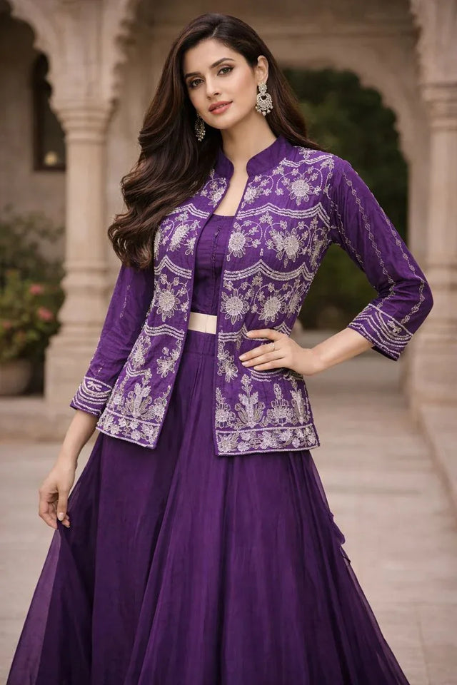 Royal Violet Aura Embroidered Jacket Sharara – Regal Elegance, Redefined - MishUUU