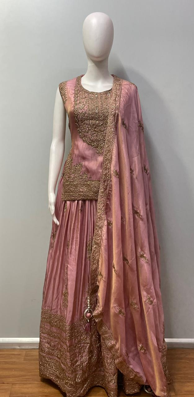 Dusty rose antique zari lehenga set from a second angle