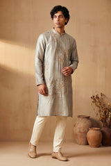 Men's stone grey kurta with oversized antique gold floral embroidery