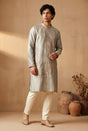 Men's stone grey kurta with oversized antique gold floral embroidery