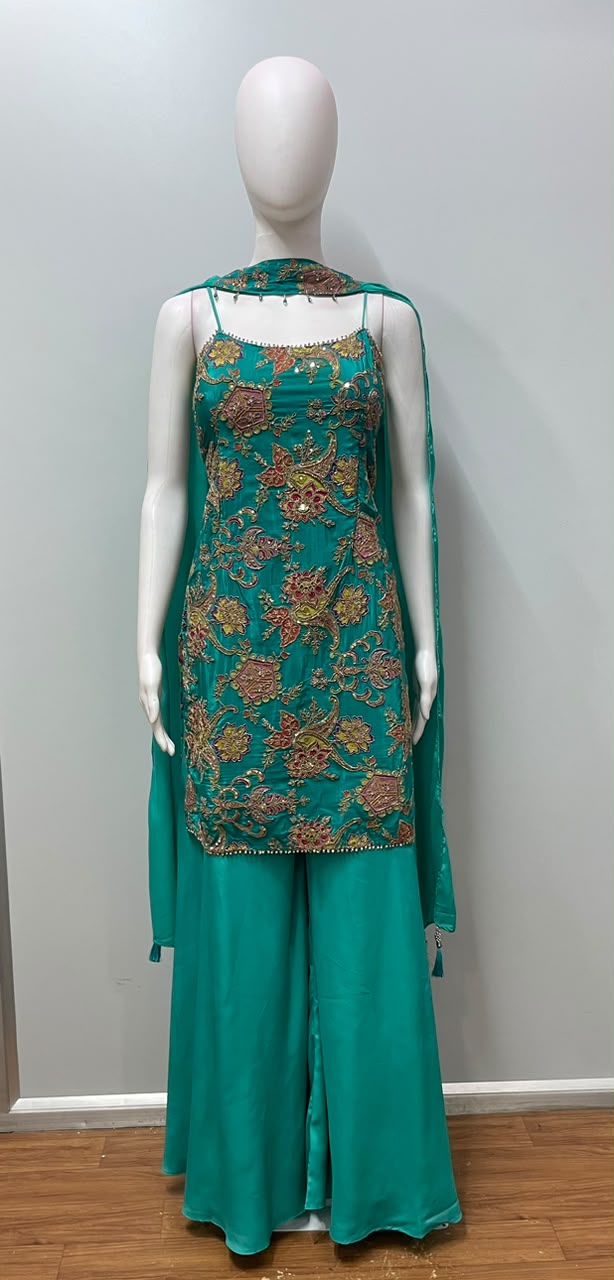 Turquoise Jewel Embroidered Kurta Palazzo Dupatta Set