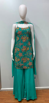 Turquoise Jewel Embroidered Kurta Palazzo Dupatta Set