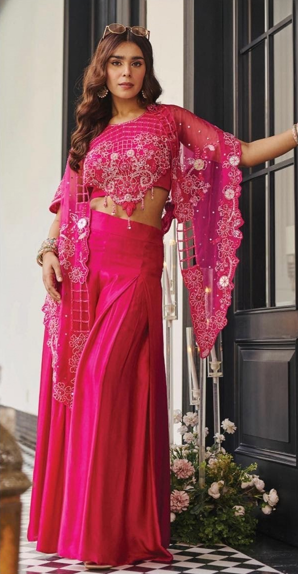 Rani Pink Silver Floral Cape Palazzo Set