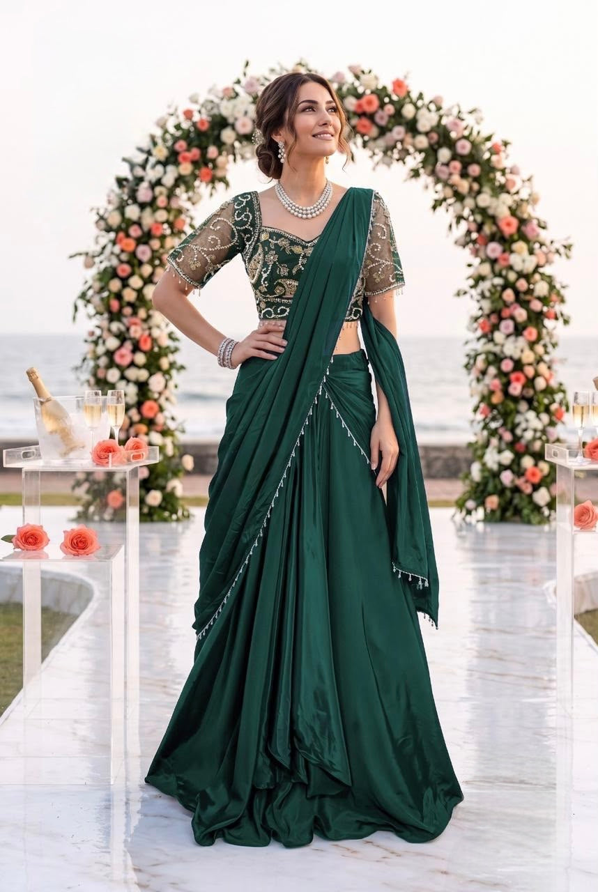 Deep Emerald Silver Floral Draped Saree Set