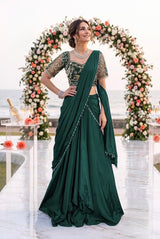 Deep Emerald Silver Floral Draped Saree Set