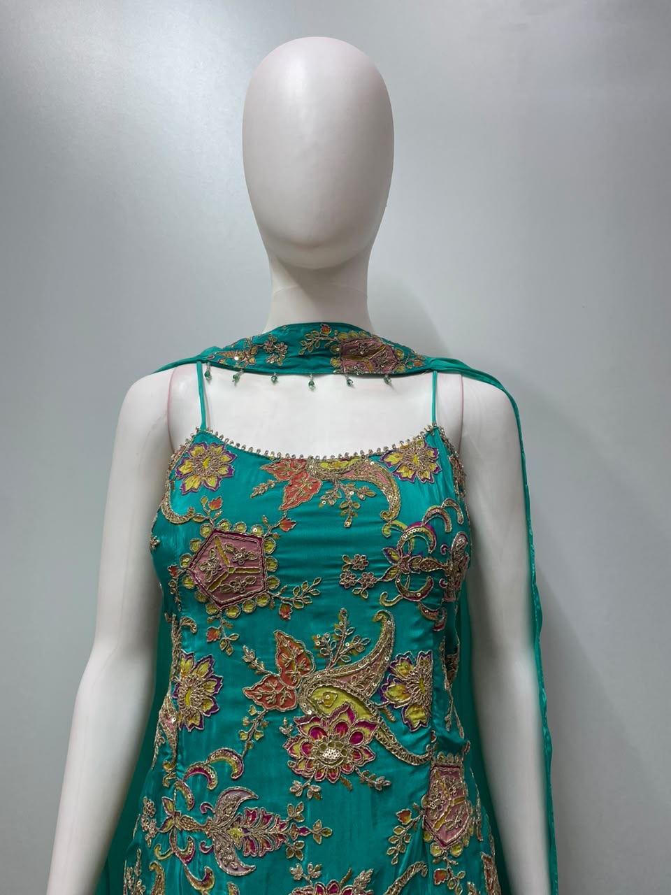 Turquoise Jewel Embroidered Kurta Palazzo Dupatta Set
