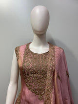 Full-length view of a dusty rose antique zari lehenga set