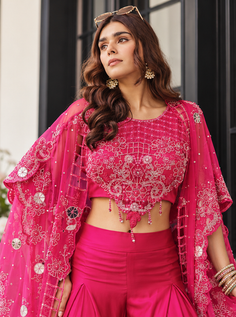 Rani Pink Silver Floral Cape Palazzo Set