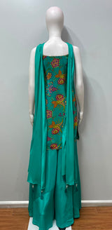 Turquoise Jewel Embroidered Kurta Palazzo Dupatta Set
