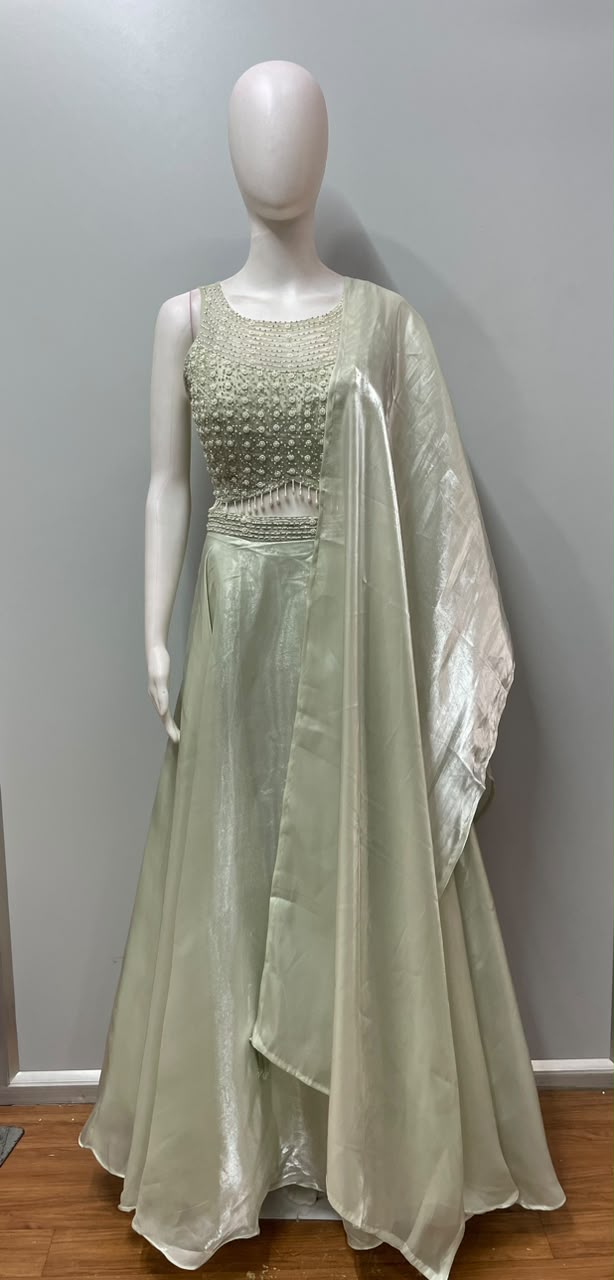 Sage Pearl Embellished Draped Lehenga Set