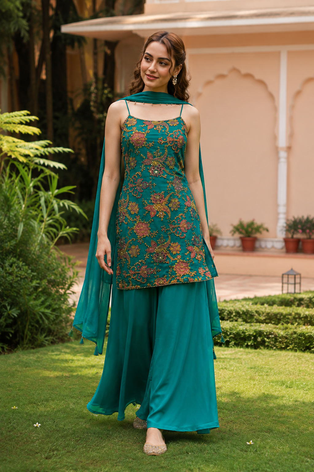 Turquoise Jewel Embroidered Kurta Palazzo Dupatta Set
