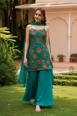 Turquoise Jewel Embroidered Kurta Palazzo Dupatta Set