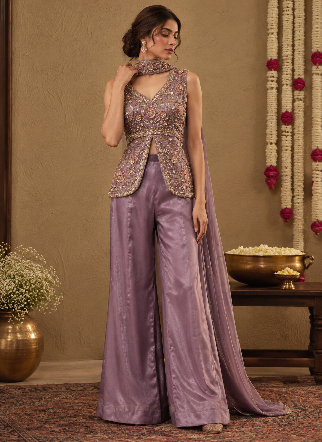Dusty Lilac Gold Floral Palazzo Set