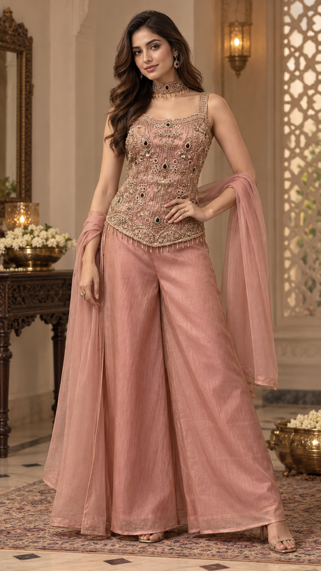 Peach rose palazzo set with a jewelled corset top and a coordinating neck drape