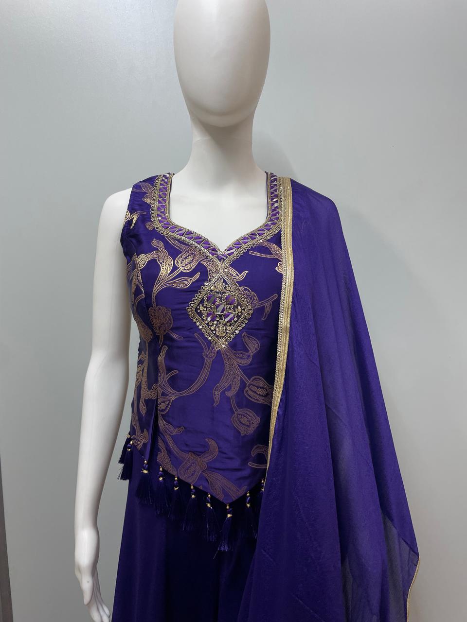 Royal Purple Gold Embroidered Palazzo Set