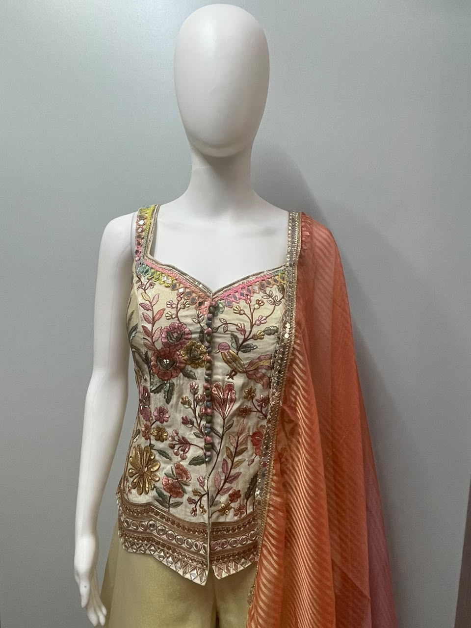 Ivory Floral Mirror Palazzo Dupatta Set