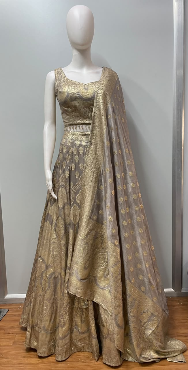 Taupe Gold Brocade Bridal Lehenga Couture Set