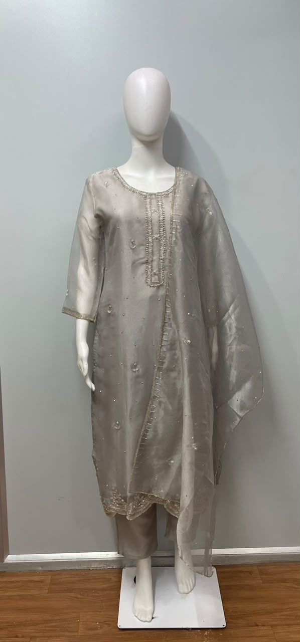 Mushroom Silver Pearl Embroidered Festive Ensemble