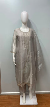 Mushroom Silver Pearl Embroidered Festive Ensemble