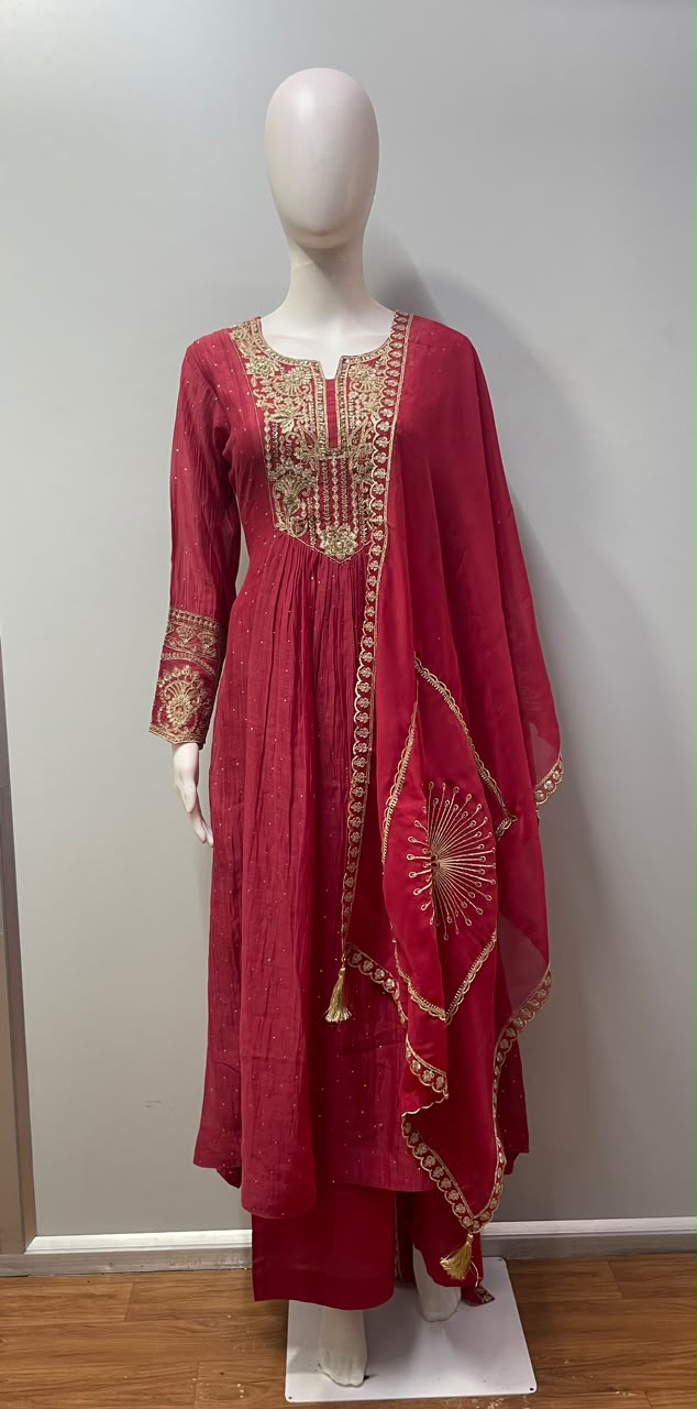 Deep Raspberry Antique Gold Anarkali Set