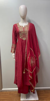 Deep Raspberry Antique Gold Anarkali Set