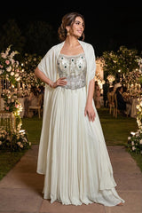 Ivory Silver Emerald Jewel Cape Gown