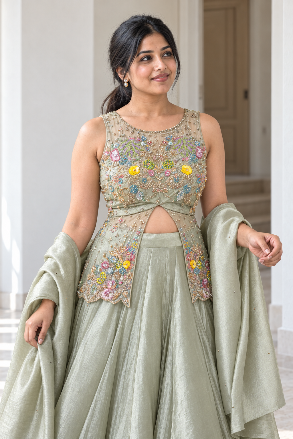 Pale Sage Multicolor Floral Jewel Lehenga Set
