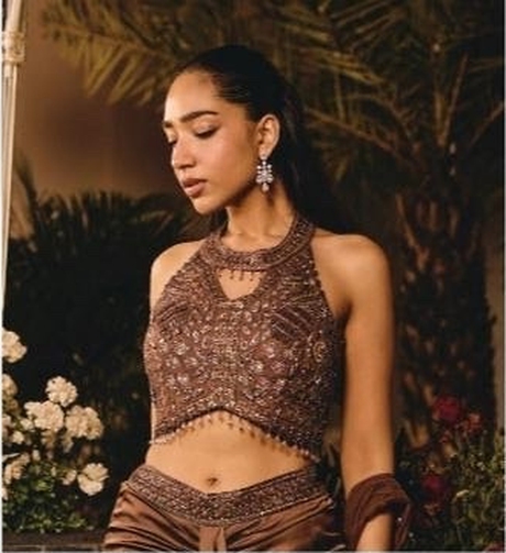 Cocoa Bronze Crystal Jewel Halter Draped Skirt Set