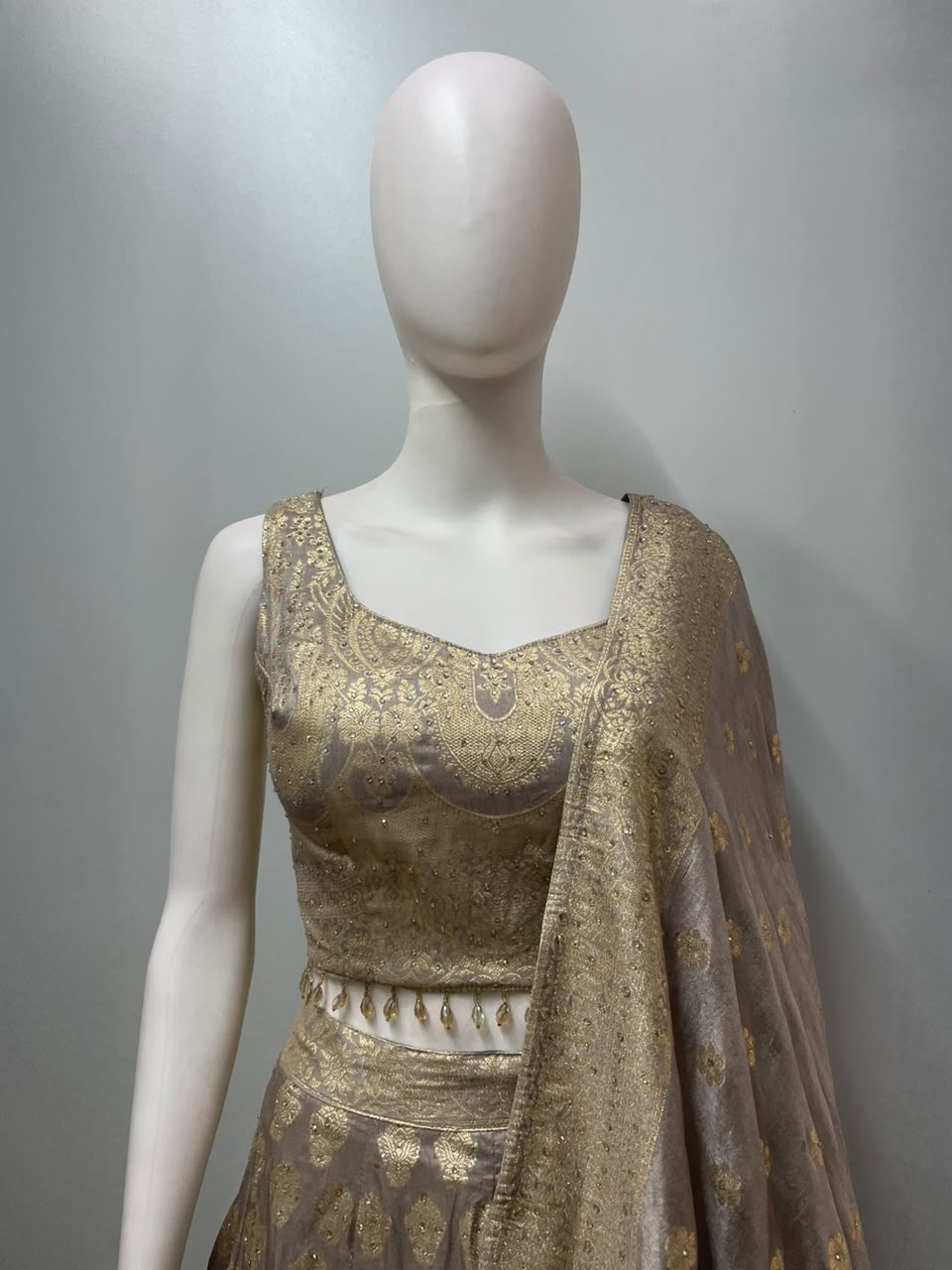 Taupe Gold Brocade Bridal Lehenga Couture Set