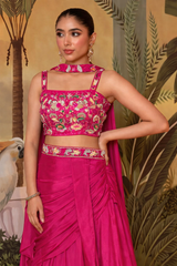 Rani Pink Embroidered Draped Skirt Set