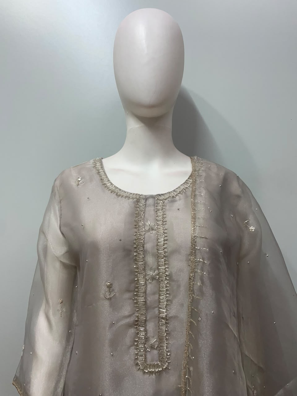 Mushroom Silver Pearl Embroidered Festive Ensemble