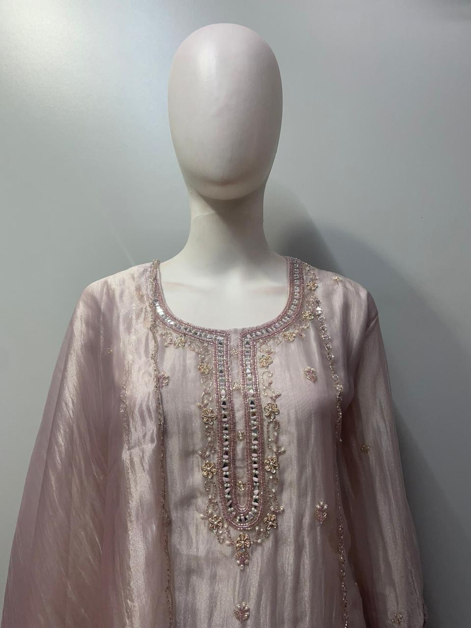 Full-length view of a dove taupe silver embroidered palazzo set
