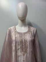 Full-length view of a dove taupe silver embroidered palazzo set