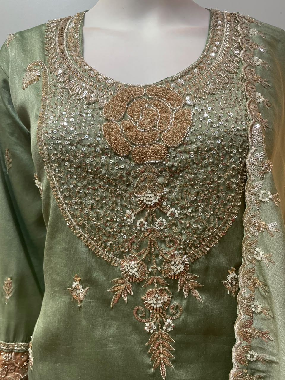 Sage Olive Antique Gold Floral Kurta Set