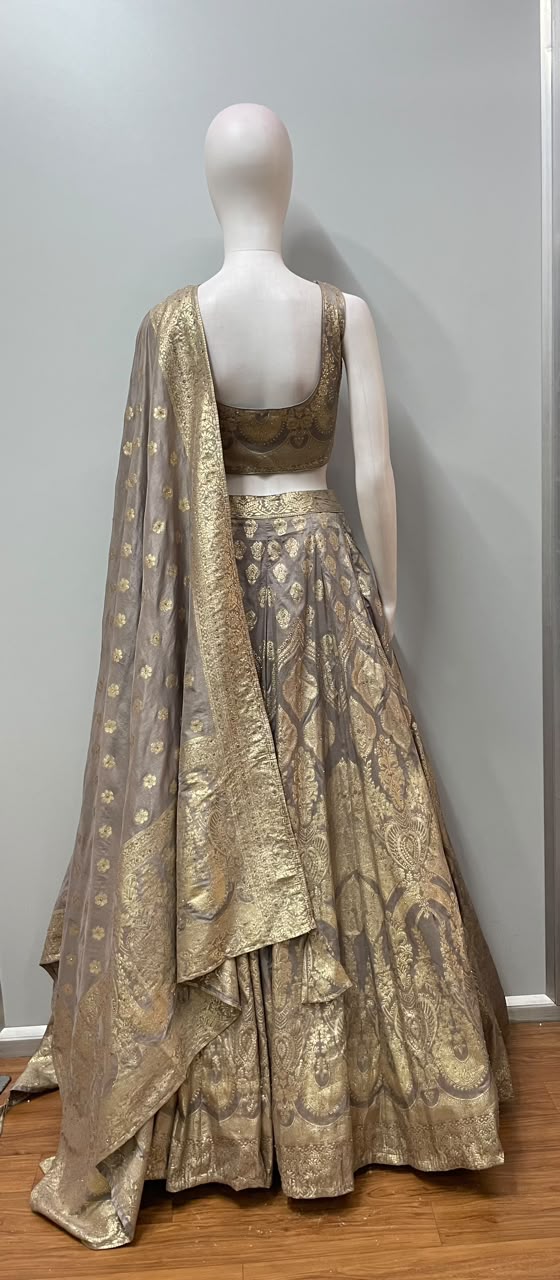 Taupe Gold Brocade Bridal Lehenga Couture Set