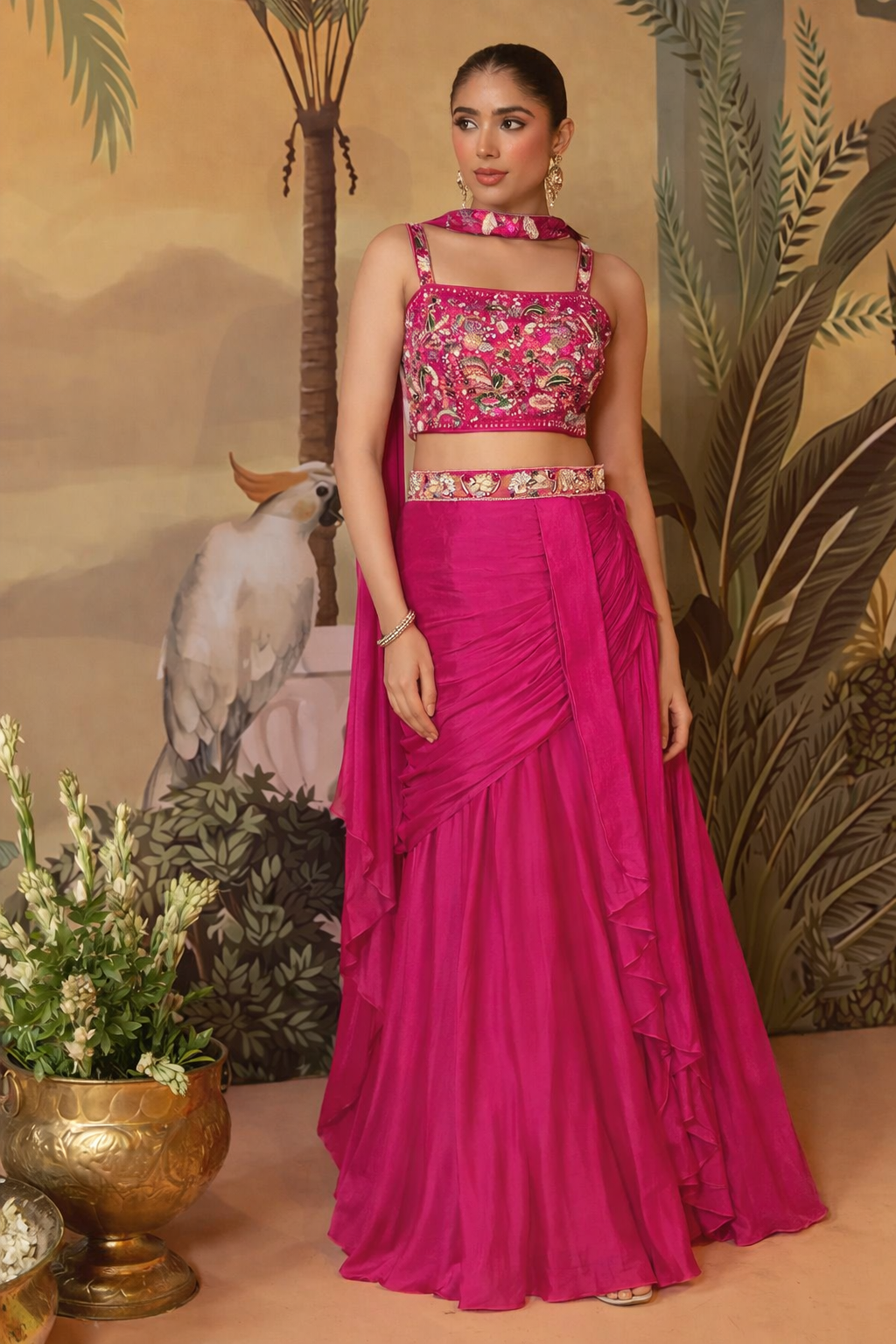 Rani Pink Embroidered Draped Skirt Set
