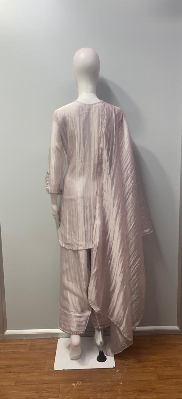 Dove taupe silver embroidered palazzo set from a third angle