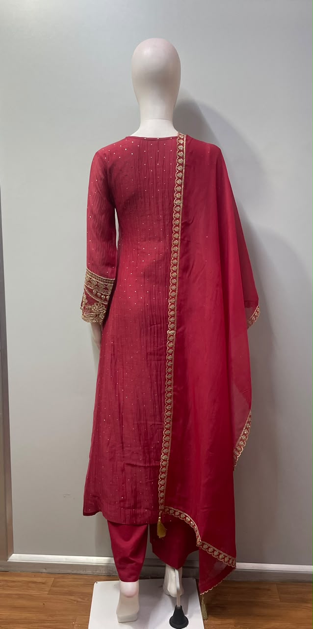Deep Raspberry Antique Gold Anarkali Set